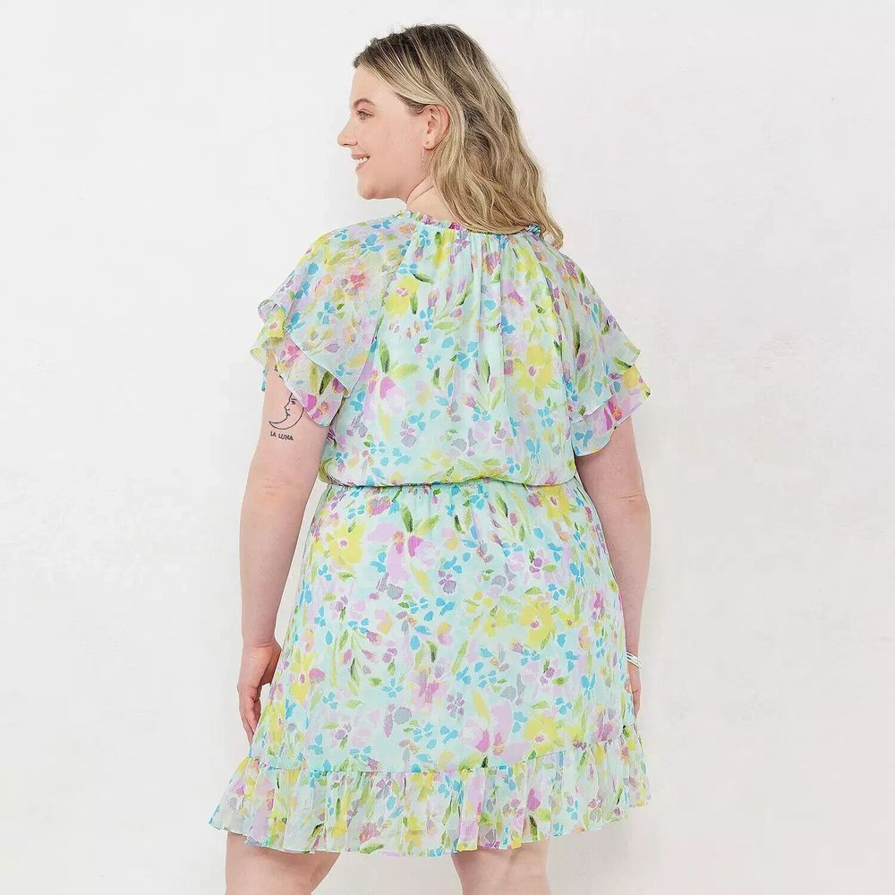 LC Lauren Conrad Fit & Flare Dress Womens Plus 3X Multi Ruffle Floral Georgette - Picture 3 of 12